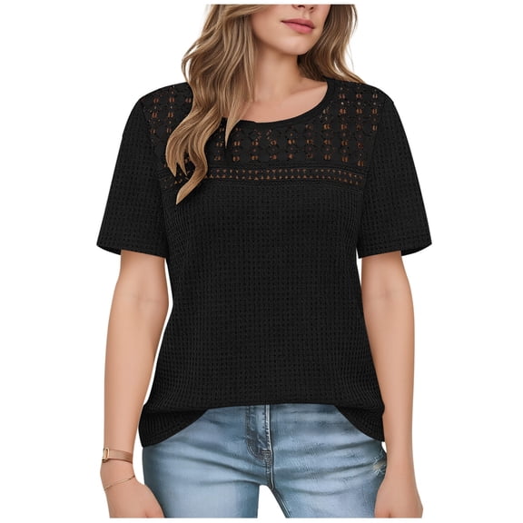 VEKDONE Womens Waffle Knit Tops Casual Short Sleeve Crewneck Hollow out Shirts Solid Color Crochet Lace Blouse Summer Loose Fit Breathable Pullover Top Black XL