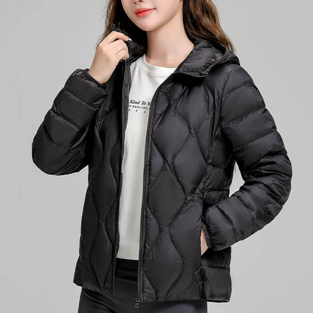 Parkas de manga larga para mujer, chaqueta ligera de plumón de color liso, chaqueta corta con capucha y manga larga, chaqueta versátil, chaqueta de manga larga, parte superior de poliéster para mujer