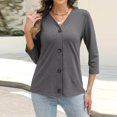 thumbnail image 6 of WTOBBY Women's 3/4 Sleeve Solid Color Button Down Casual Top, Fashion Shirt Blouse with Comfort Fit, Lightweight Fabric for Spring Summer Transition,Dark Gray 2XL, 6 of 6