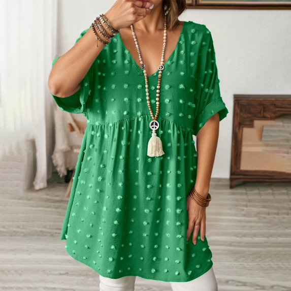 Women's V Neck Short Sleeve Ruffle Loose Summer Flowy Mini Dress