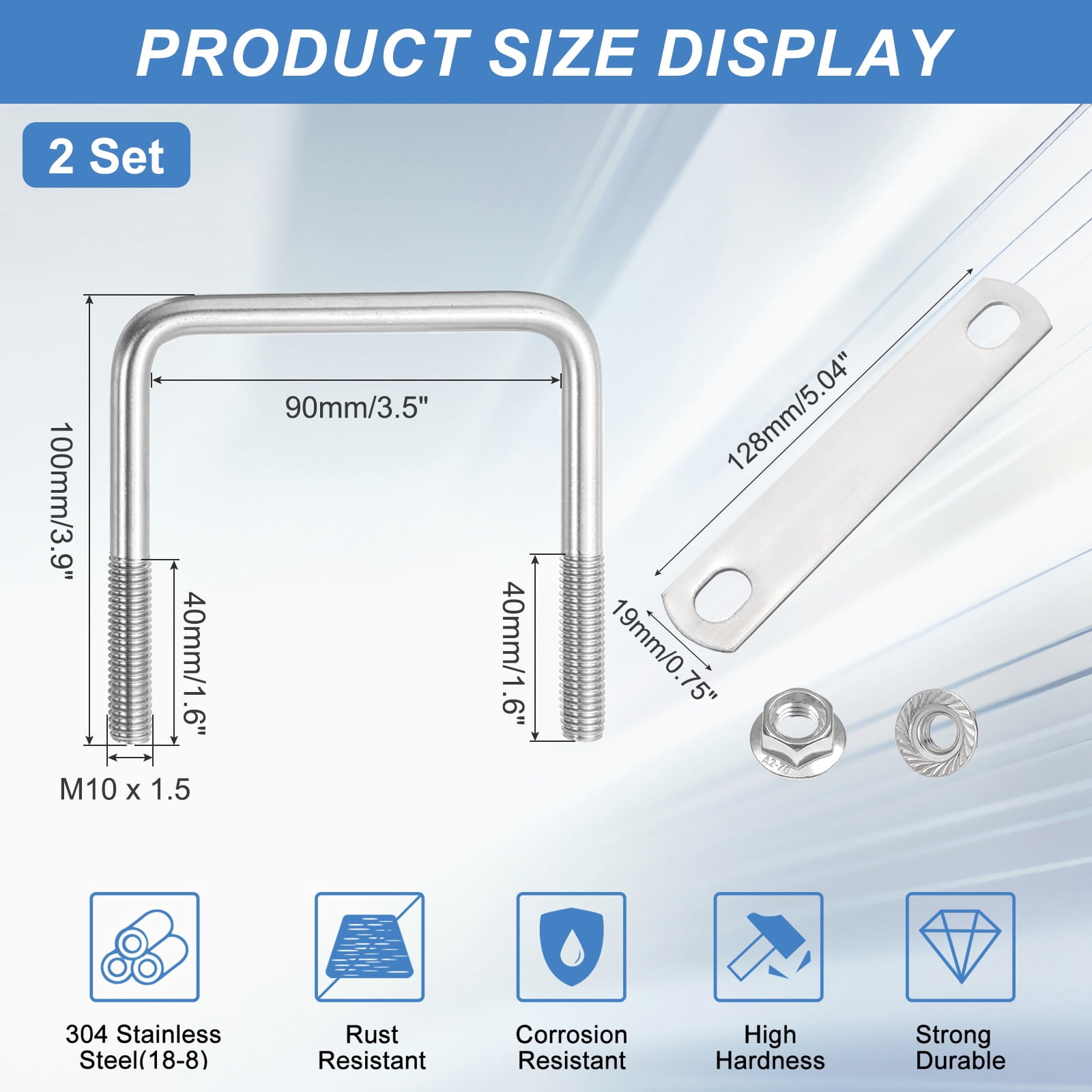 Uxcell 2 Set M10 3-9/16 Inch Inner Wide Square U Bolts, 4 Inch Length 304 Stainless Steel U-Bolts with Flange Hexagon Nuts, Frame Plates for Trailer, Automotive, (90mm W x 100mm L)