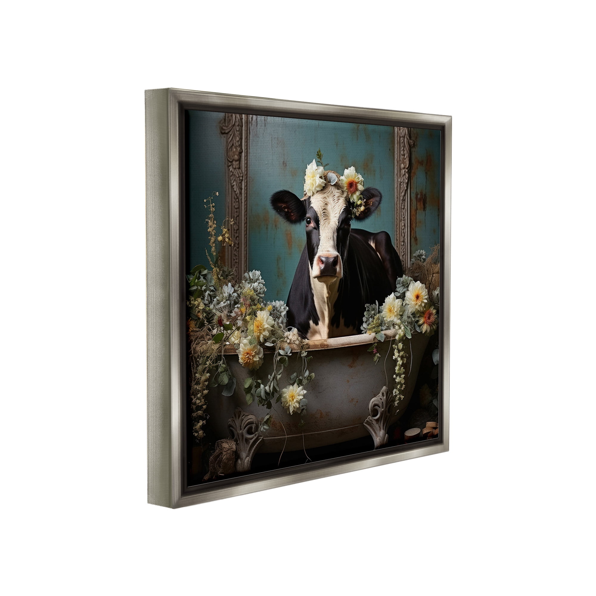 Stupell Industries Vintage Cow in Bathtub Animals & Insects Painting Gray Floater Framed Canvas Art Print Wall Art, 25 x 25