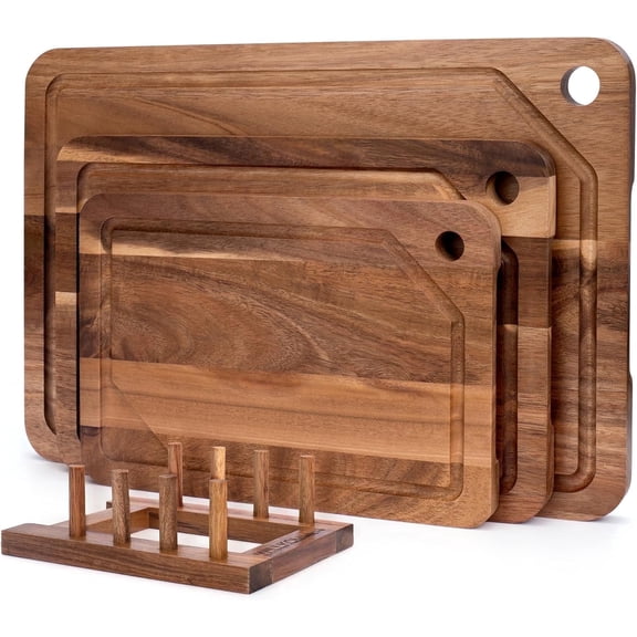 JDNRXO4-Pieces Wood Cutting Board, Acacia Wood Chopping Board for Kitchen with Holder, Cutting Boards Set with Juice Groove and Handles, Charcuterie Board for Chopping Meat, Vegetables and Fruits