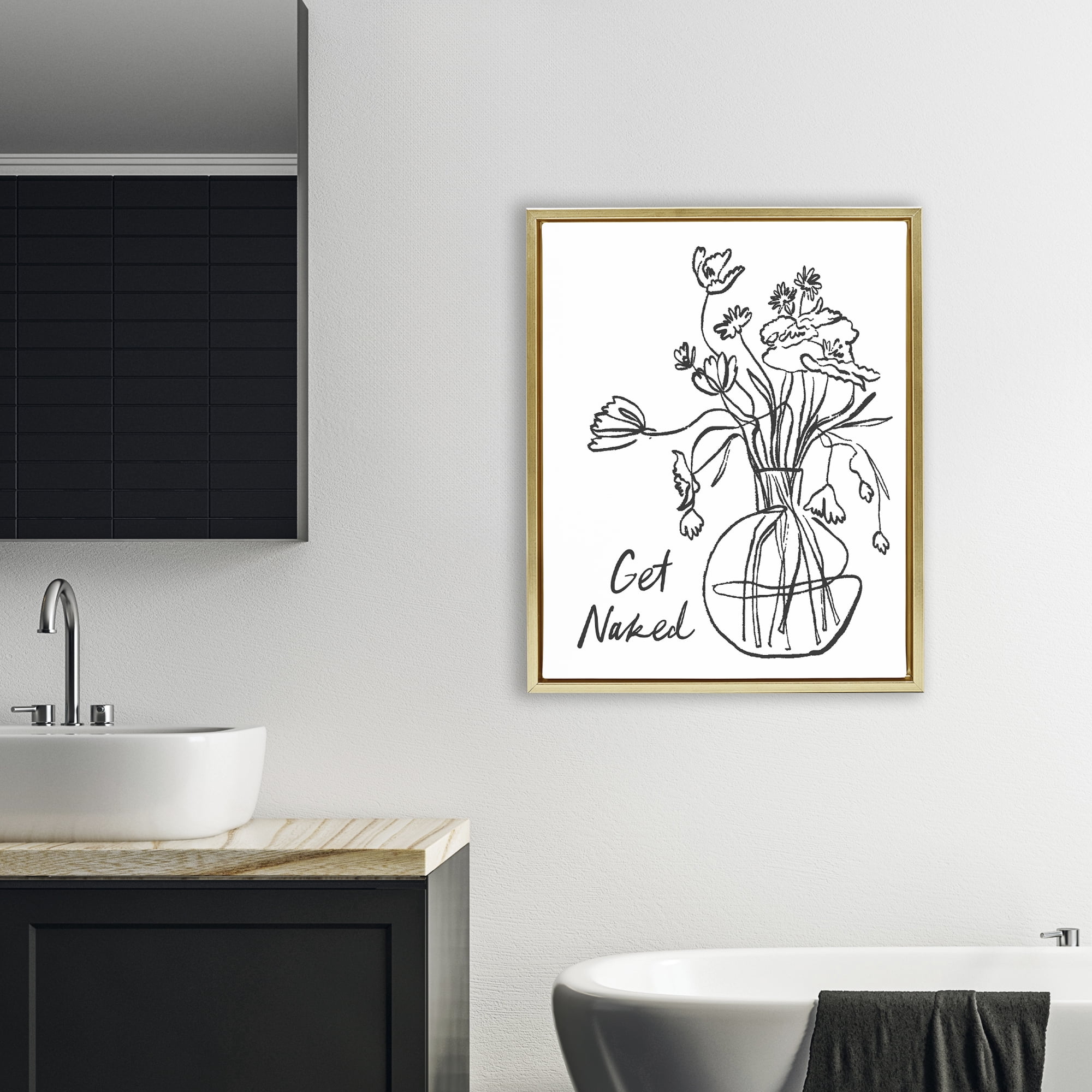 Stupell Industries Get Naked Flower Contour Gold Framed Floater Canvas Wall Art, design by Lettered and Lined