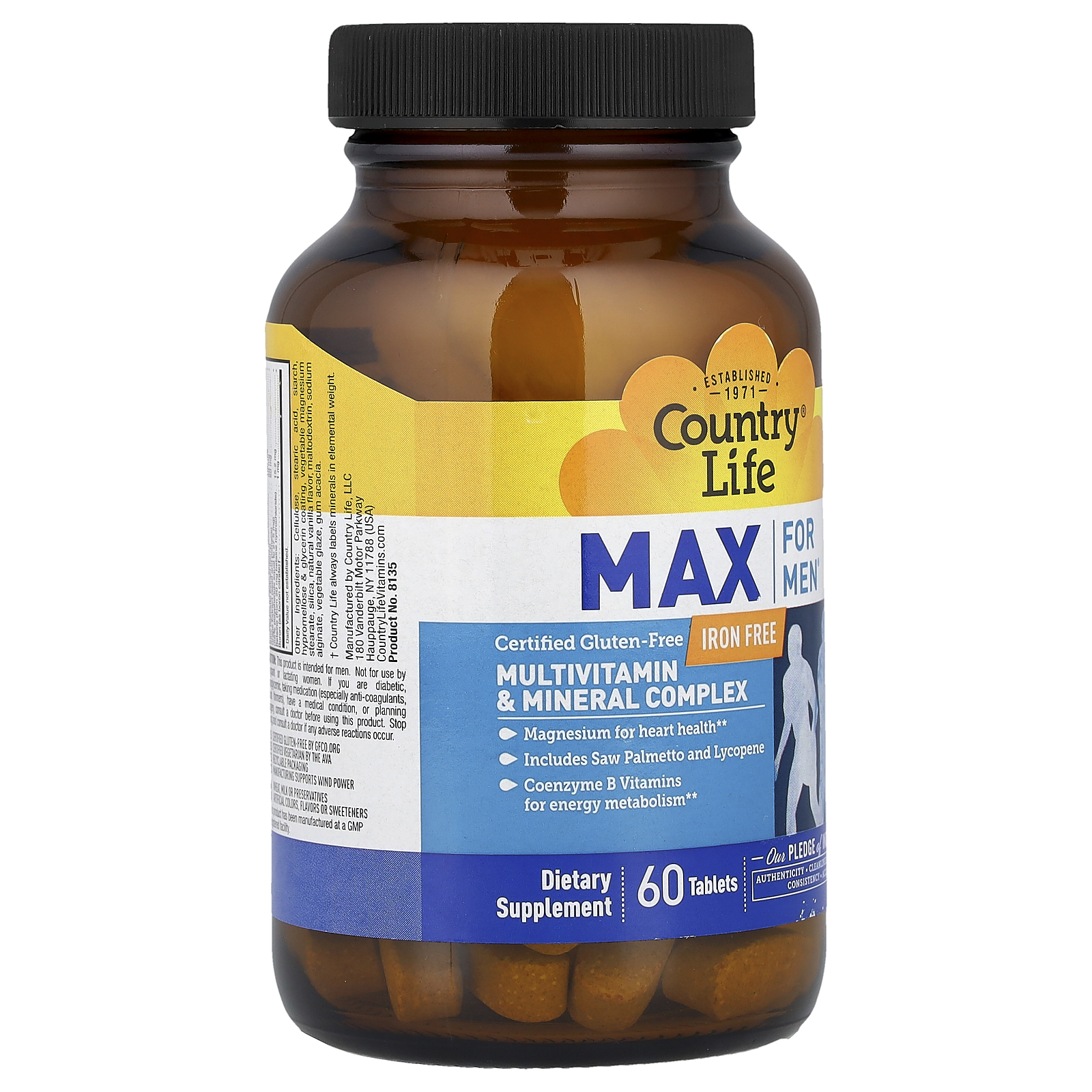 Country Life Max for Men, Multivitamin & Mineral complex, Iron-Free, Vegetarian Tablets, 60 Count, Certified Gluten Free, Certified Vegetarian