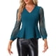 thumbnail image 1 of INSPIRAR CHIC Blusa de Malla de Manga Larga con Escote en V y Dobladillo con Volantes, Ajustada y Elegante, con Cinturón, Azul Pavo Real S, 1 of 5