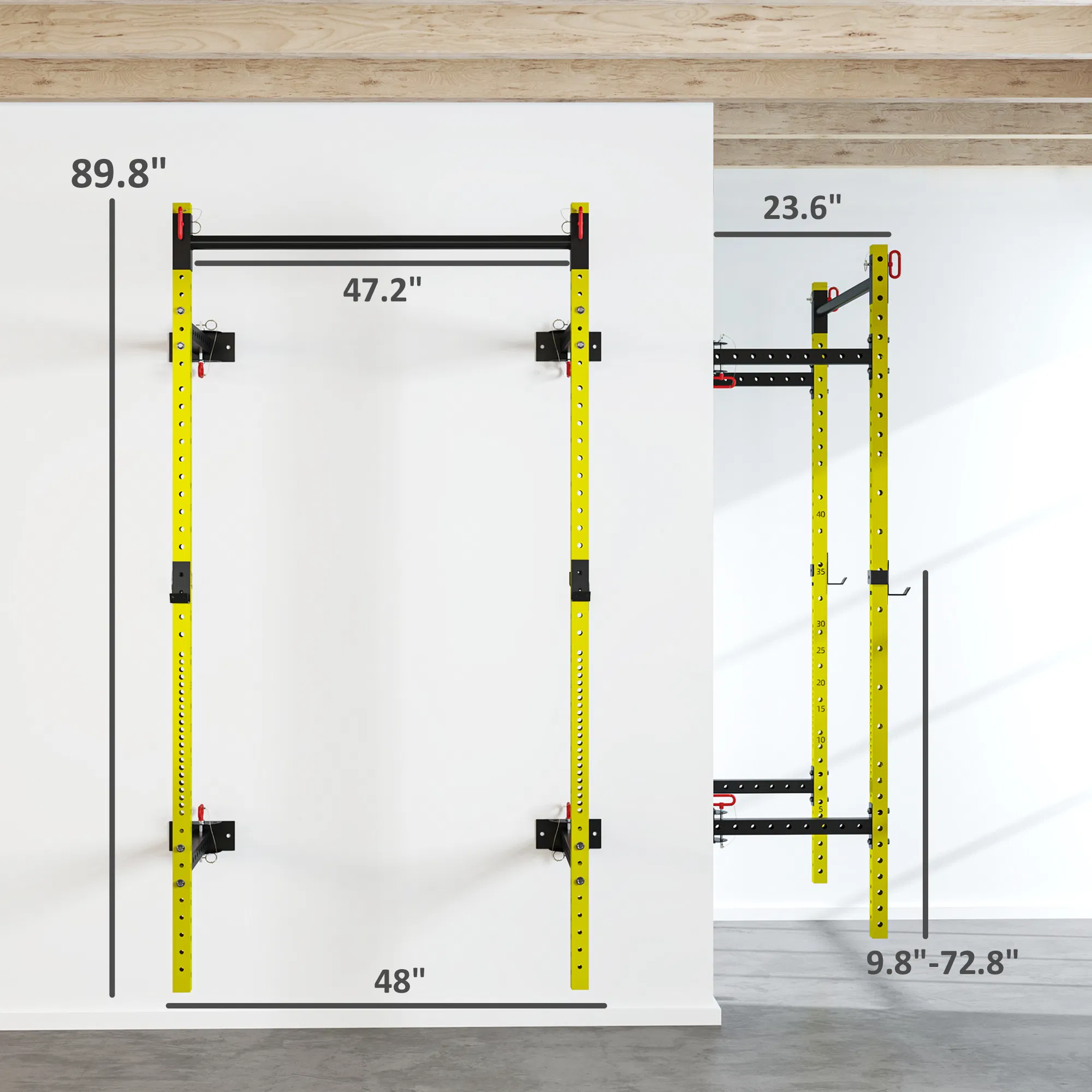 Adjustable Folding Squat Rack with Pull Up Bar,Wall Mounted Power Rack,1000 lbs Capacity,Durable Yellow Finish for Home Gym Use