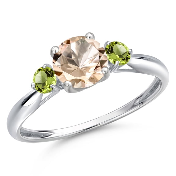 Gem Stone King 10K White Gold Peach Morganite and Green Peridot 3-Stone Ring for Women | 0.84 Cttw | Round 6MM | Gemstone October Birthstone | Size 7