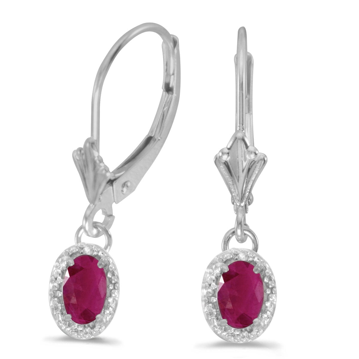 Direct-Jewelry - 14k White Gold Oval Ruby And Diamond Leverback