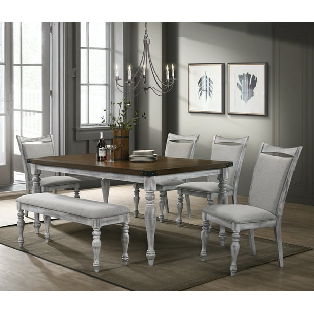 Salines 6 Piece Dining Table Set With 4 Upholstered Chairs And 1 Bench Rustic White Oak Com Salines 6 Piece Dining Table Set With 4, Dining Table With Upholstered Chairs And Bench
