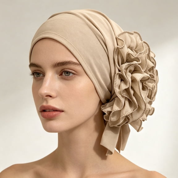 LIZUOJUN Under $3 Women Elegant Head Wrap Pre Tied Ruffled Turban Decorative Floral Elastic Hijab Cap Hair Cover For Daily Prayer Multiple Colors, Beige,One Size