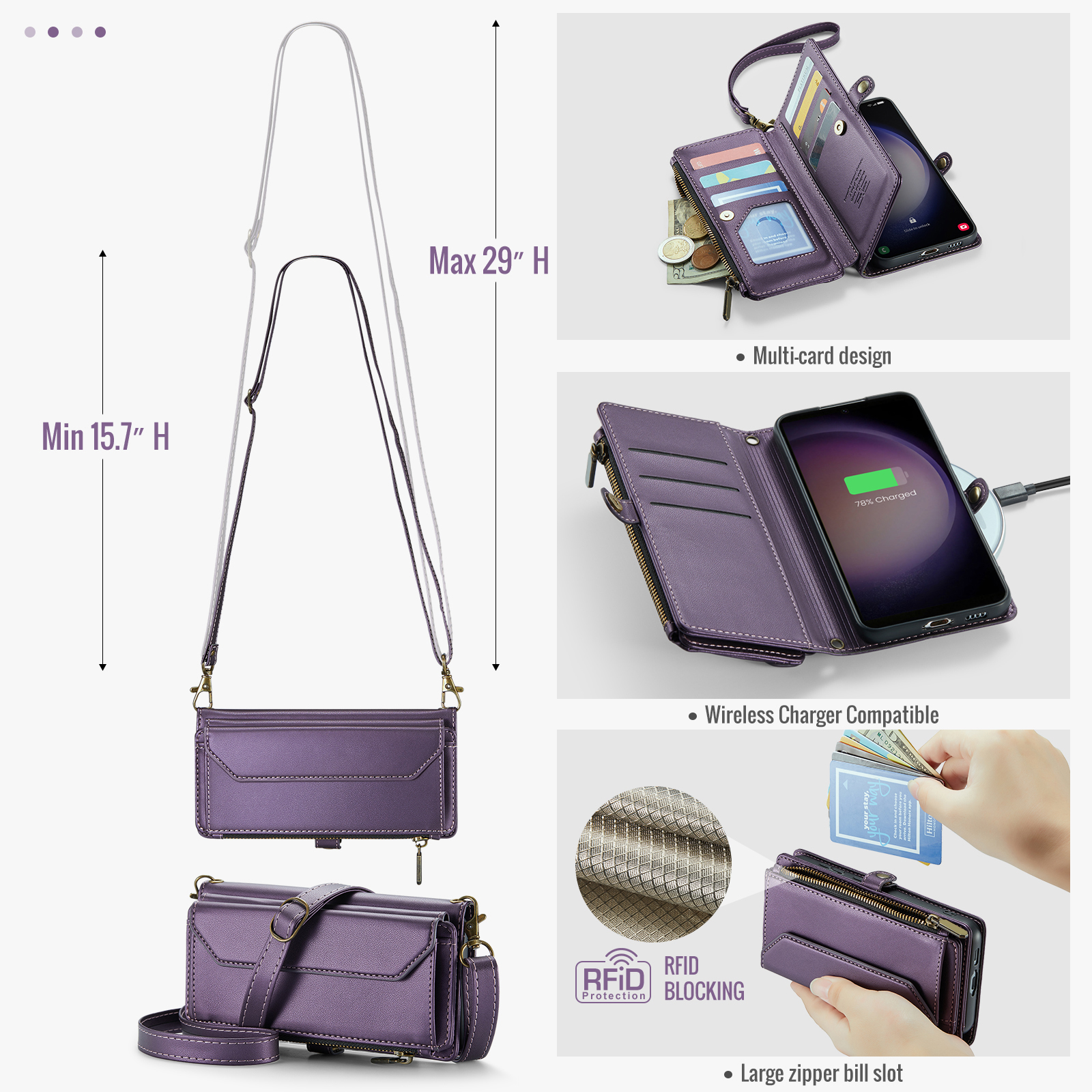 Compatible with Samsung Galaxy S23 Plus S23+ 5G Zipper Wallet Phone Case Tempered Glass Screen Protector Crossbody Lanyard Strap Flip Card Holder Slot Cell Cover for S23plus 23S S 23 23+ Women Purple