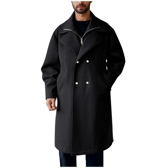 IYTR Mens Trench Coat Fall Winter Long Sleeve Button Windproof Coats Casual Loose Solid Color Warm Jackets Outerwear with Pockets (Black,L)