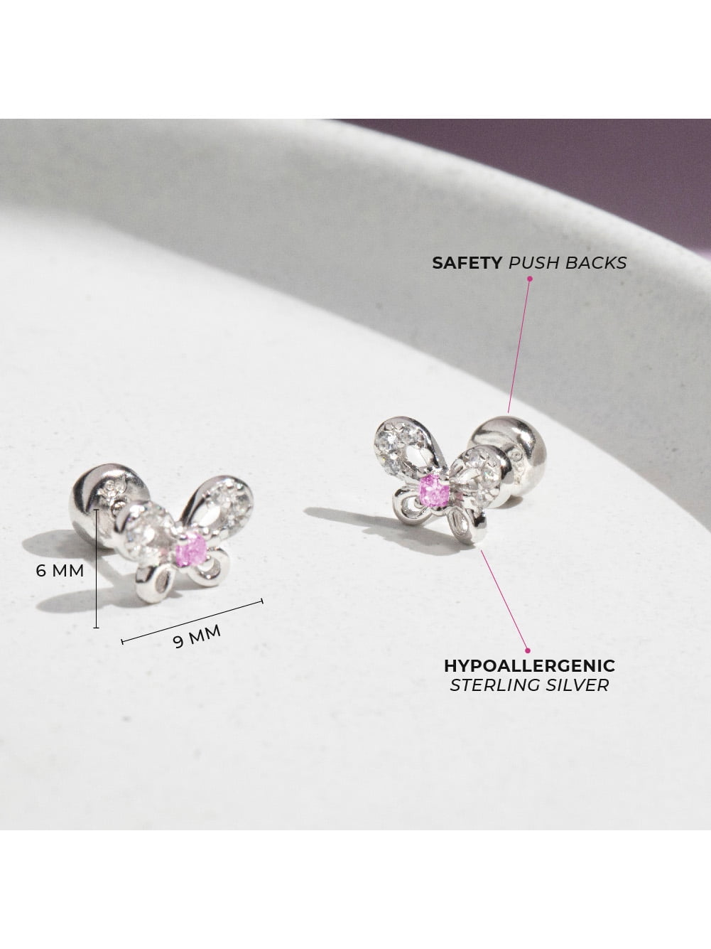 CZ Petite Butterfly Baby / Kids Earrings Safety Push Back - Sterling Silver