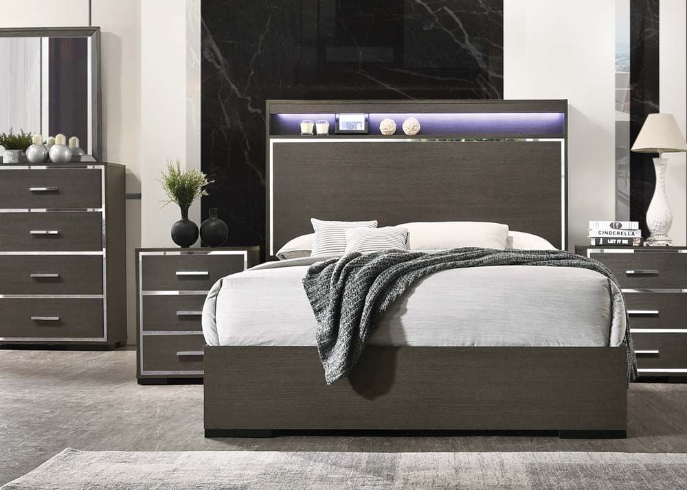 Eastern King Size Bed 5pc Bedroom Furniture Set 2way LED & Gray Oak Finish Acrylic Trim