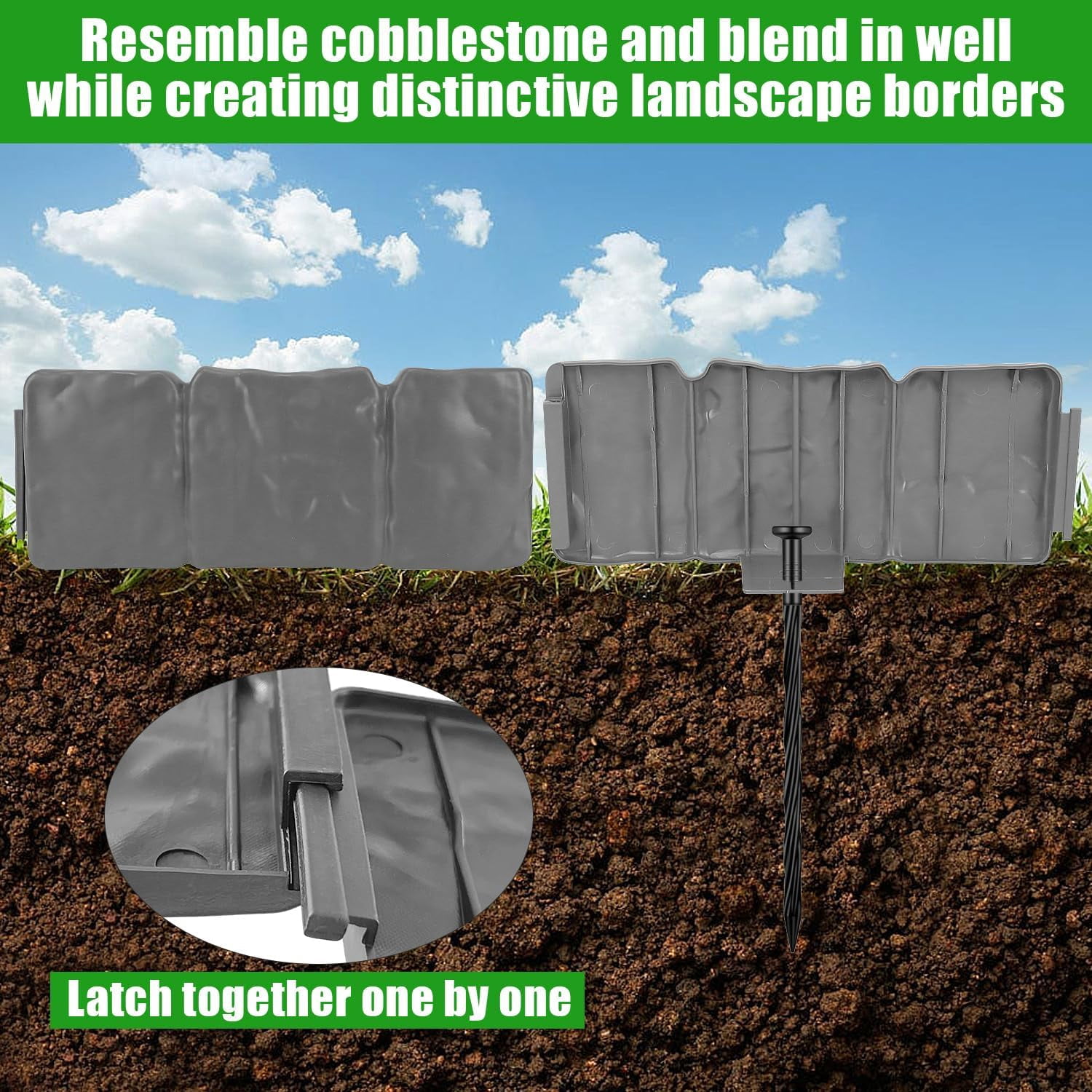 Garden Edging Border NO DIG, with Landscape Edging Anchoring Spikes, Gray Stone Effect Plastic Lawn Edging Fencing, Interlocking Yard Lawn Edging for Flower Bed | 24 Ft | 30Pcs | Gray |