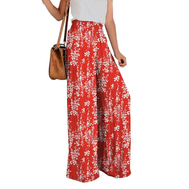 Pantalones De Cintura Alta Mujer Pantalones Casuales Pierna Recta Ancha Pantalones De Cintura Elástica Estilo Suelto Flores Rojas S