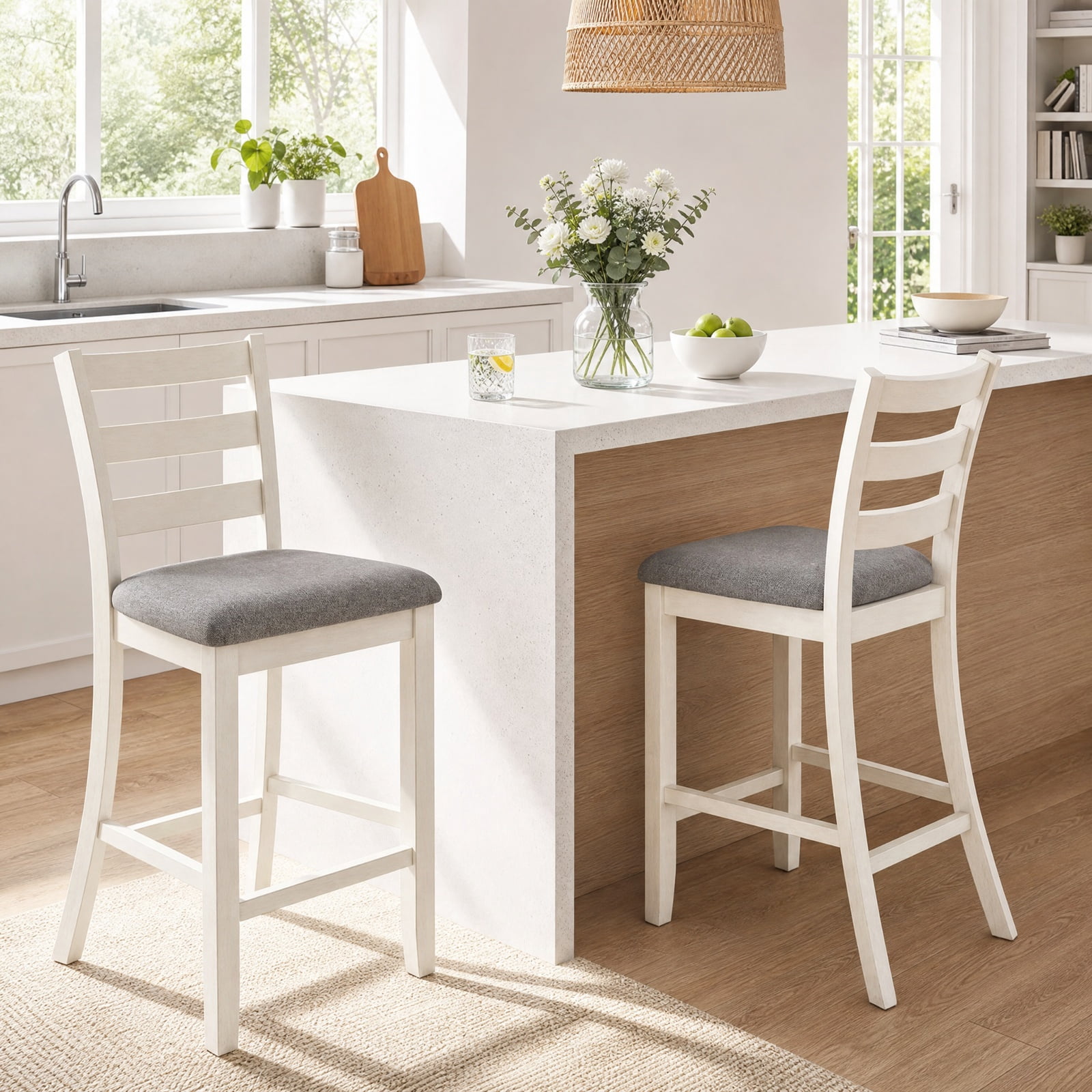Furnibear Counter Height Chairs Set of 2 with Fabric Seat and Rubber Wood Legs, Upholstered Bar Stools with Backrest, Beige