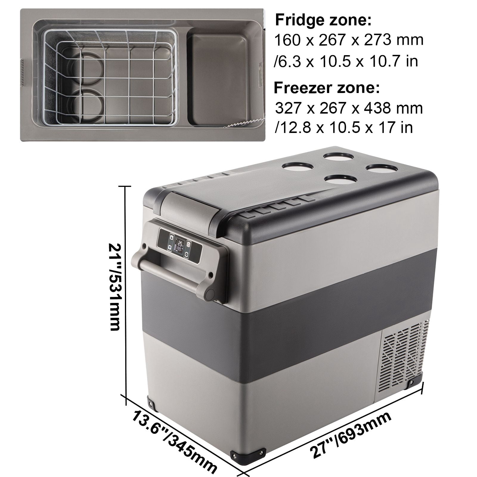 12V car refrigerator 58 quarts dual temperature zone, compressor refrigeration 12/24V DC 110-240V AC, dual-purpose car and home, truck RV camping