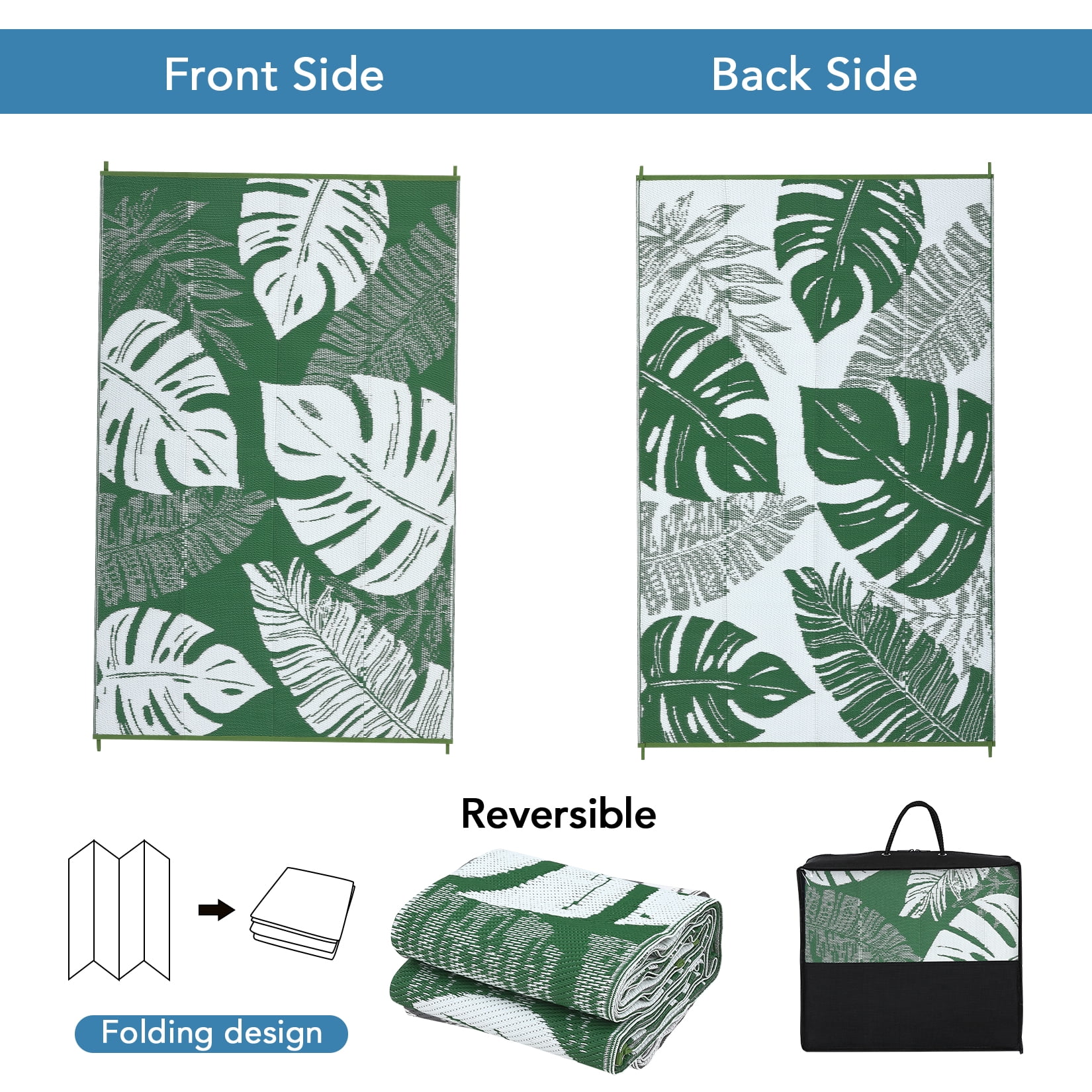 HOMERRY Geometric Leaf Outdoor Rug Straw Plastic Area Rug for Balcony Pool RV Waterproof Reversible Carpet, Green, 9'x 12'