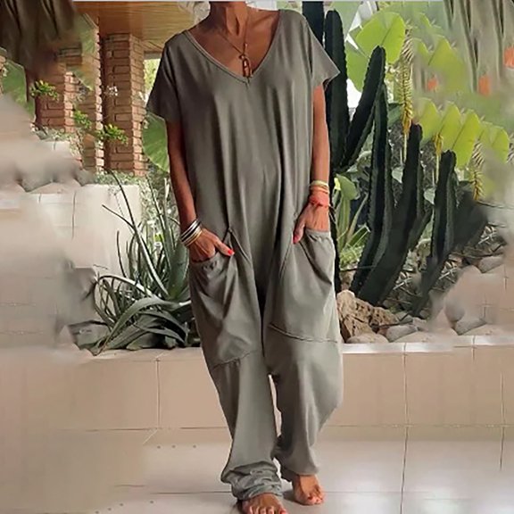 BEFOKA Jumpsuits For Women 2026 Formal Short Sleeve Loose Wide Leg One Piece Jumpsuits Baggy Overalls Date Night Beach Womens Summer Rompers L