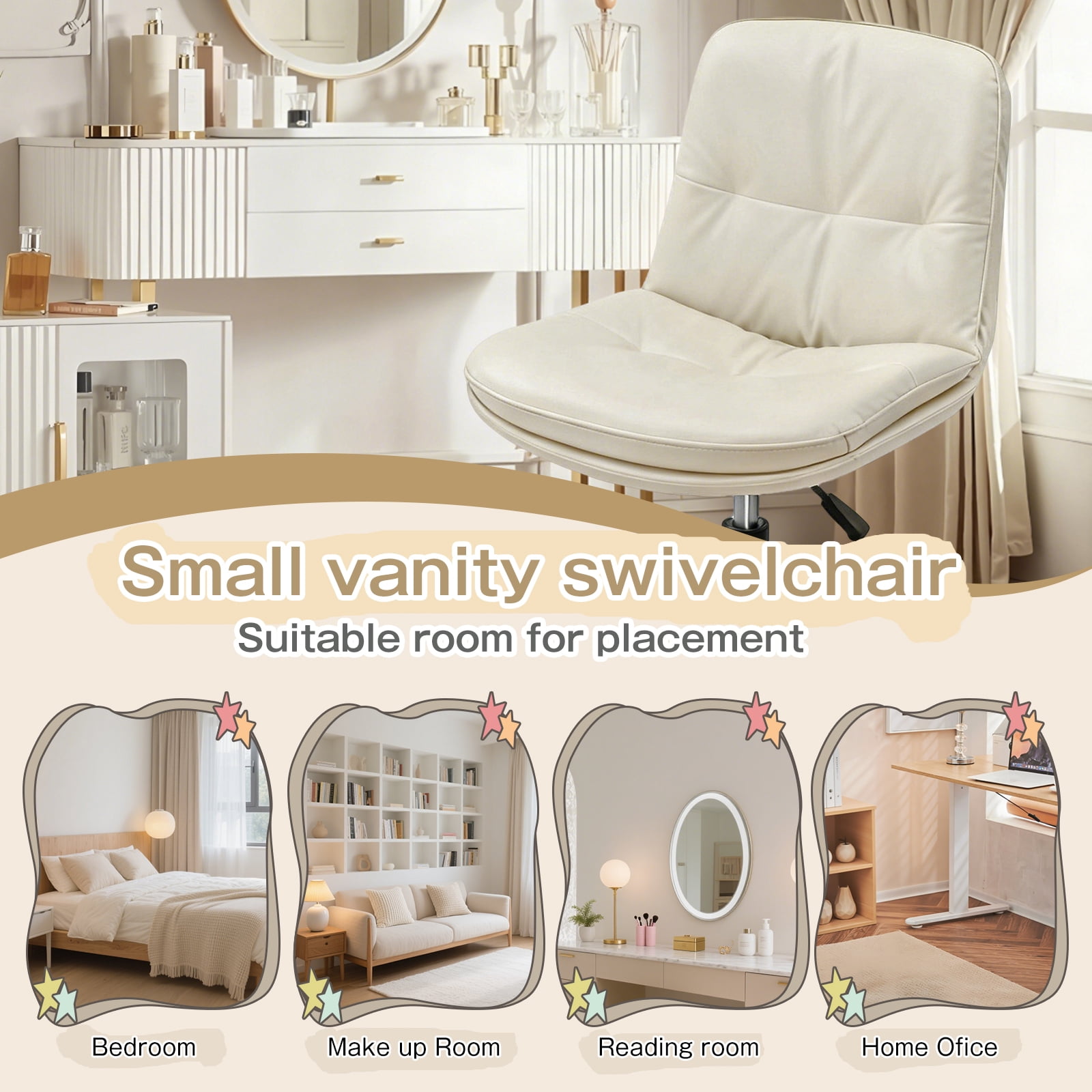 Small Office Desk Chair, PU Leather Armless Swivel Chair with Lumbar Pillow, Height Adjustable Task Chair for Small Spaces, Bedroom & Vanity Beige