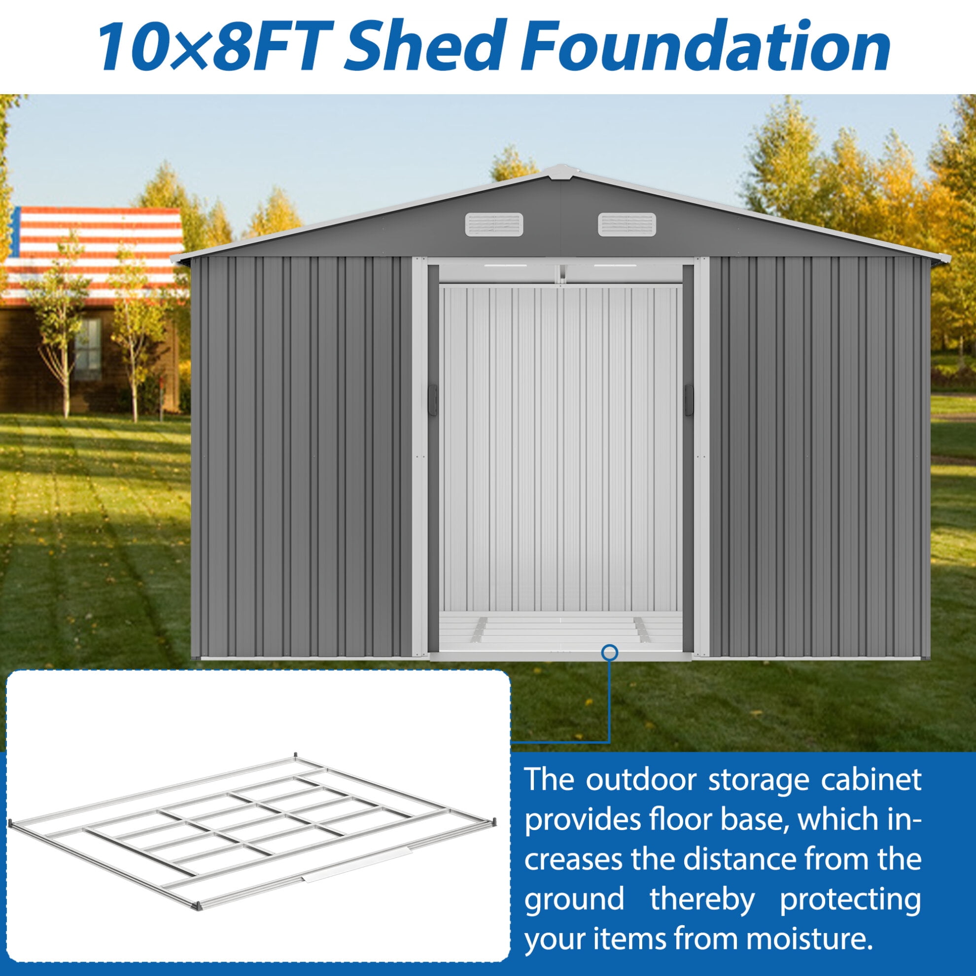 10X8 FT Outdoor Storage Shed, Metal Tool Shed & Outdoor Storage with Lockable Door and Vents Ideal for Bicycles, Tools, Lawnmowers, Backyards, Patios, Lawns