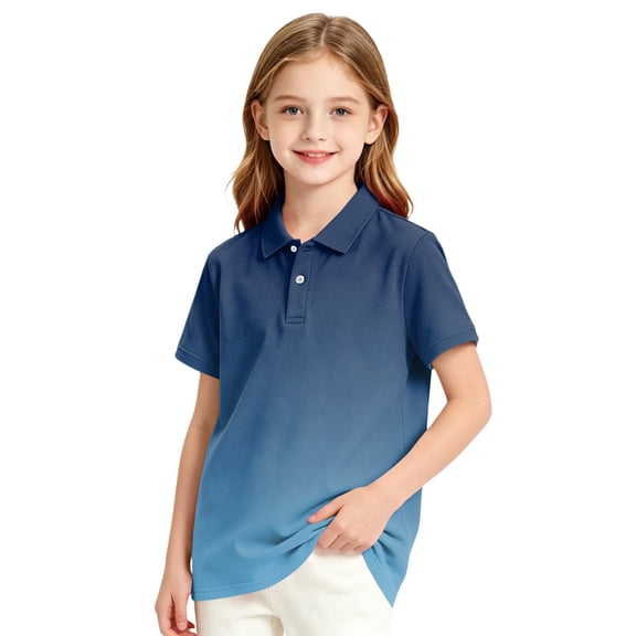 Garbnen Polo Shirt Girls Gradient Collared Short Sleeve Girl Golf Shirt Student Preppy Back To School Teen School Uniform for Girls Dark Blue 11-12Y