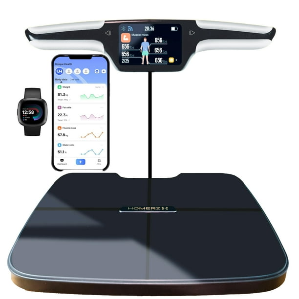 Báscula de grasa corporal Homerz: báscula inteligente con IMC, grasa corporal, masa muscular, báscula de composición corporal compatible con FSA/HSA con seguimiento digital de peso, báscula de escaneo