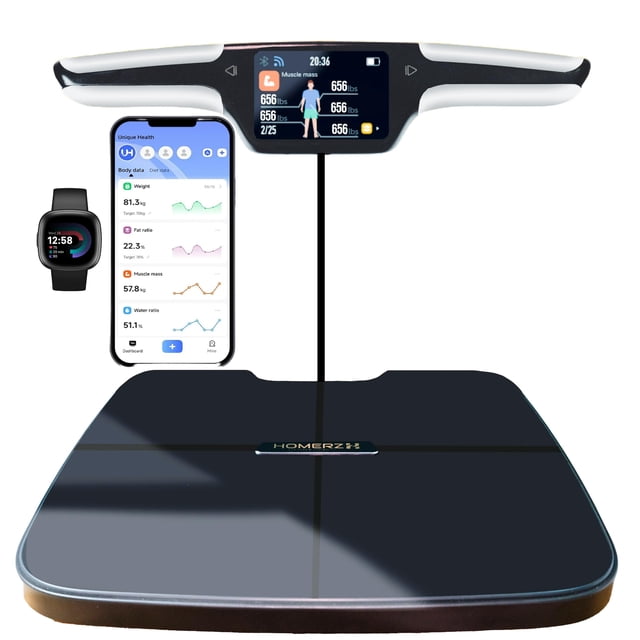 Báscula de grasa corporal Homerz: báscula inteligente con IMC, grasa corporal, masa muscular, báscula de composición corporal compatible con FSA/HSA con seguimiento digital de peso, báscula de escaneo