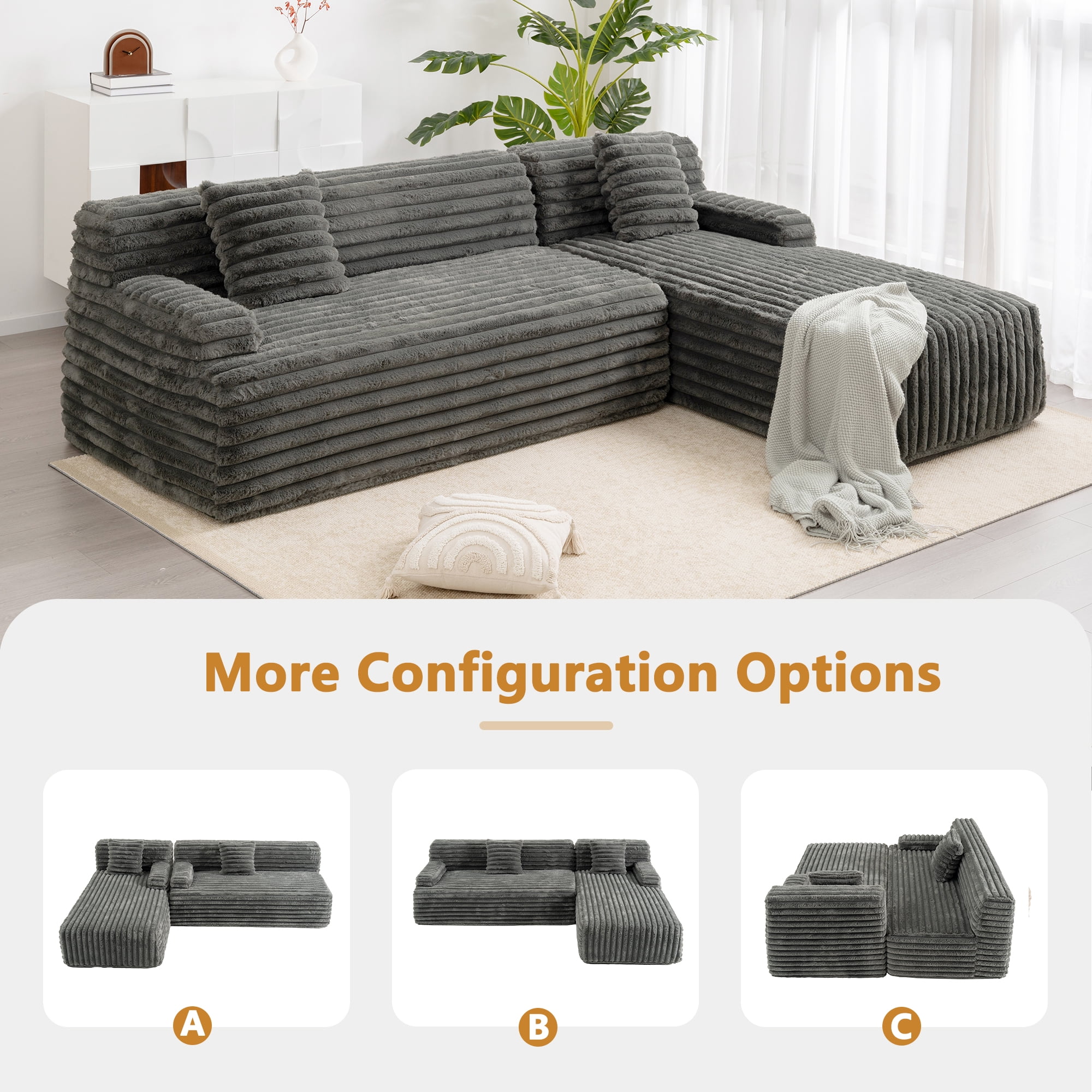 MOONMISS 110" Faux Rabbit Fur L-Shaped Modern Minimalist Modular Free Combination Sofa-Gray