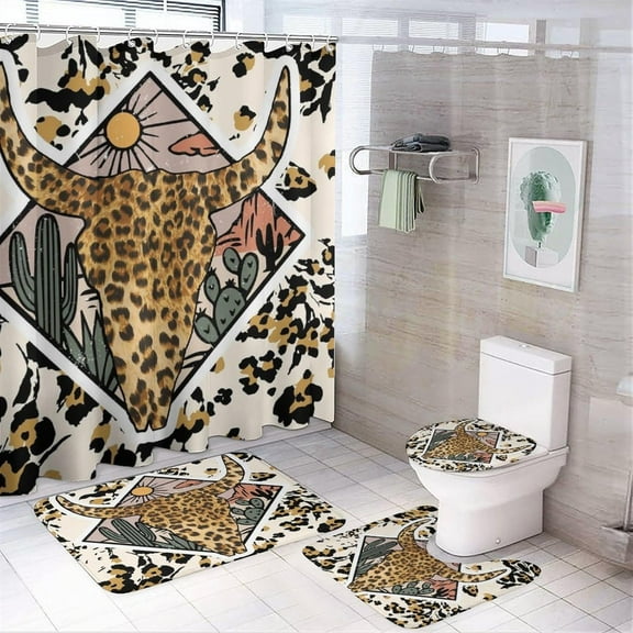 Vintage Western Cowboy 4 Pcs Waterproof Shower Curtain Set,Rustic Old Wood Boards Farm Daisy Cowboy Boots Hat Horseshoe with Waterproof Toilet Cover Shower Mat Rugs