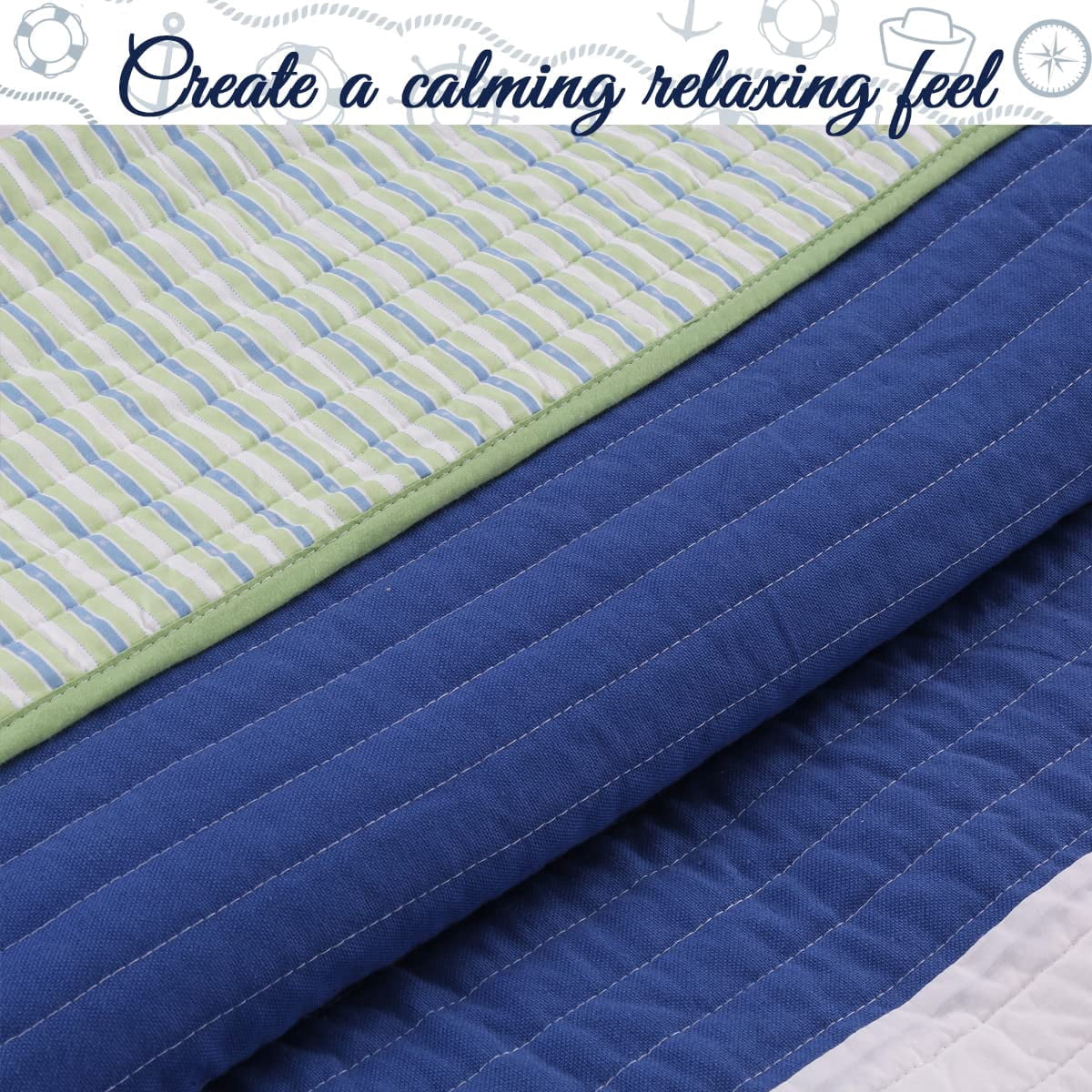 Cozy Line Home Fashions Cotton Blue Green Stripped Quilt Bedding Set, Queen 3-Pieces