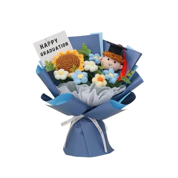 Happy Graduation 2026 Crochet Flower Bouquet, Handmade Knitted Sunflower Puff Flower Bouquet with Graduation Cap Doll, Graduation Gift Bouquet for Classmates Friends Graduation Party Decor Keepsake