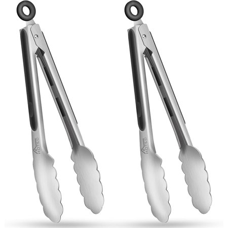 Hotec Stainless Steel Kitchen Tongs Set of 2 - 9" and 12", Locking Metal Food Tongs Non-Slip Grip