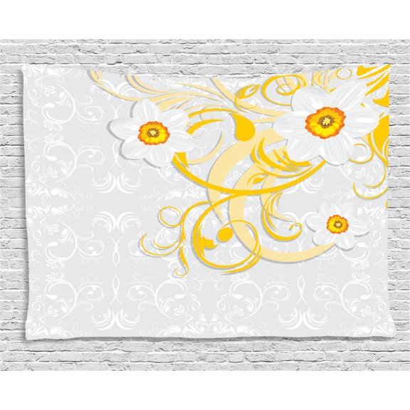 Daffodil Decor Tapestry, Ornate Background Floral Repeating Swirling Curves Spring Time Patterns, Wall Hanging for Bedroom Living Room Dorm Decor, 60W X 40L Inches, Grey Yellow, by Ambesonne