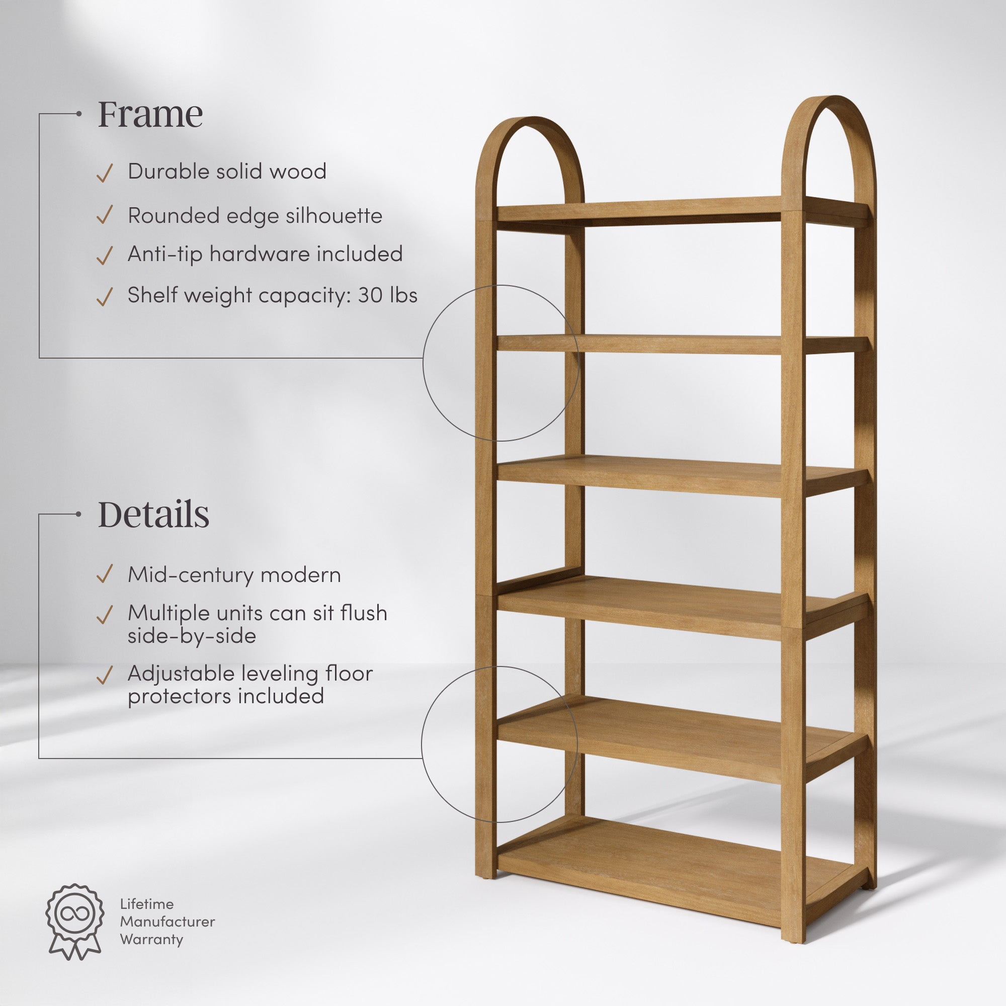 Nathan James Syd 6-Tier Arched Bookcase, Solid Wood Etagere Bookshelf, Light Brown