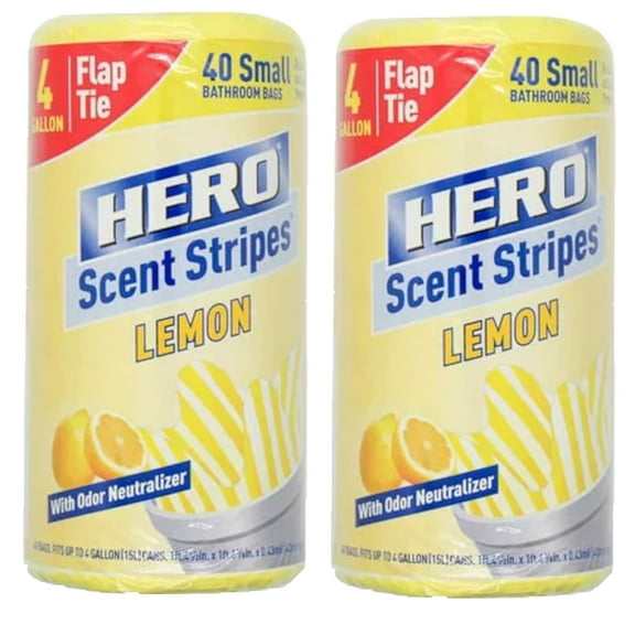 Hero Small Trash Bags, 4 Gallon, 40 Bags (Lemon Scent), Odor Neutralizer, Flap Ties, Pack of 2