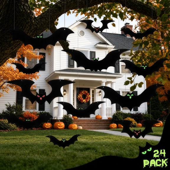 HiberyHom 24 Pack Hanging Bats Halloween Decorations Outdoor, Waterproof Black Plastic Bats 3 Different Sizes with Glowing Eyes Stickers, Bat Decorations Perfect for Halloween Hanging Tree Decor