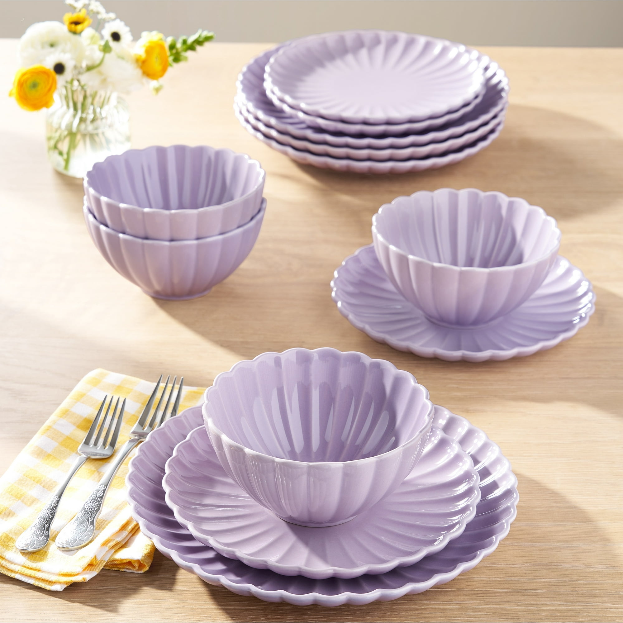 The Pioneer Woman Colette 12-Piece Stoneware Dinnerware Set, Purple
