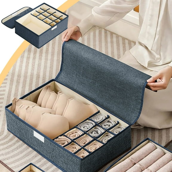Taicans Foldable Underwear & Socks Organizer with 13 Compartments - Washable Linen/Cotton Storage Box with Lid (12.6x10.24x4.72in),Space-Saving for Drawer/Closet/Bed