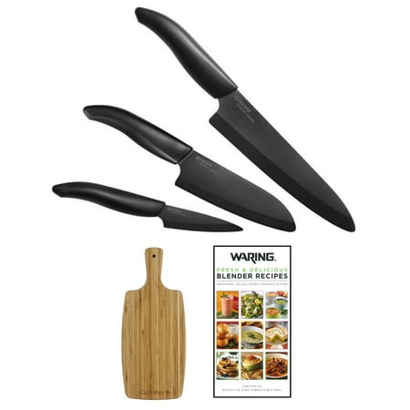 Kyocera Revolution 3-piece Ceramic Knife Set, Black Blade + Cutting Board +