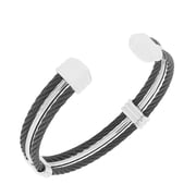 Stainless Steel Black Silver-Tone Twisted Cable Open End Bracelet