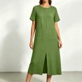 thumbnail image 4 of Levmjia Women's Summer Dress Short Sleeve Crew Neck Side Pocket Casual A Line Midi Dress with Side Slit Loose Fit Solid Color Day Dresses, 4 of 6