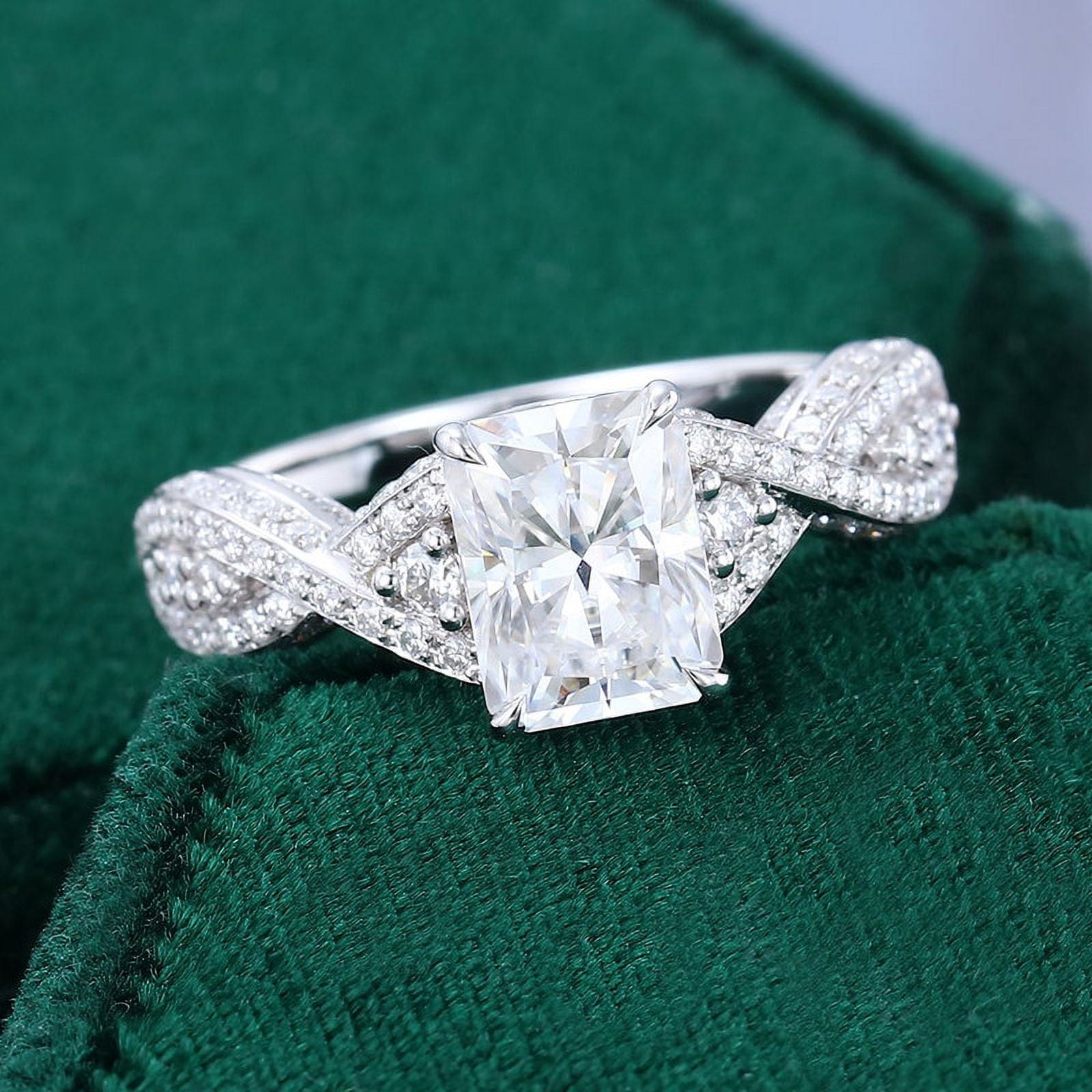 Spot Jewel Radiant Cut Excellent 1.9 Ct Diamond Ring for Women - Silver 14K White Gold Plated Ring - 3 Stone Diamond Rings for Women - Twisted Cross Over Shank Engagement Rings - Elegant Jewelry