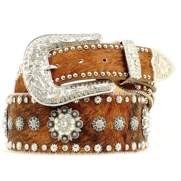 Nocona Hair On Hide Leather Belt  Conchos Rhinestone Bling Brown Woman M Western Nocona Rhinestone Belts for Women for sale | eBay main image 4