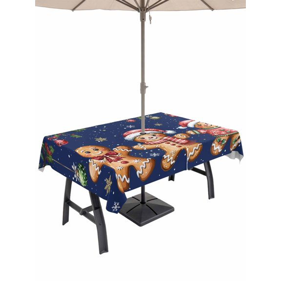 Outdoor Tablecloth with Umbrella Hole and Zipper, Gingerbread Christmas Rectangle Table Cloth 60x84 Inch Waterproof Tablecloth, Xmas Balls Branches Navy Blue Picnic Table Cover for Patio Camping