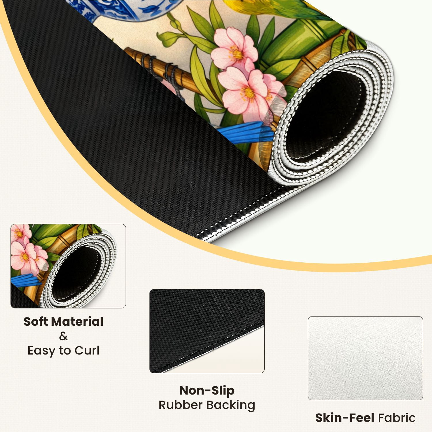 Mahjong Mat 31.5" x 31.5" Blue White Floral Jar Colorful Birds Blossoms Non-Slip Noise Reduction Mahjong Tiles Table Cover for Dominoes Poker Card Board and Tile Games