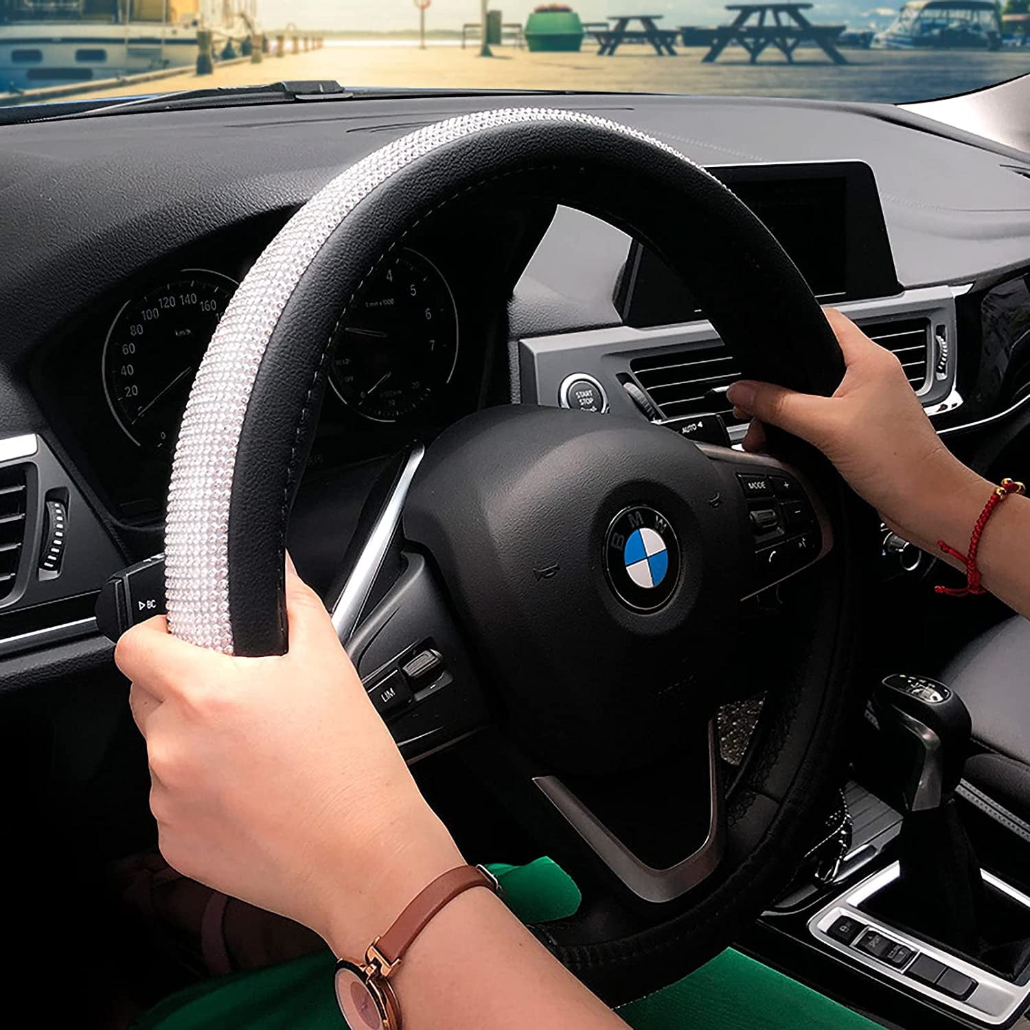 New Diamond Leather Steering Wheel Cover,Bling Bling Crystal Rhinestones Steering Wheel Cover Universal Fit 15" Car Wheel Protector for Women Girls (Black)