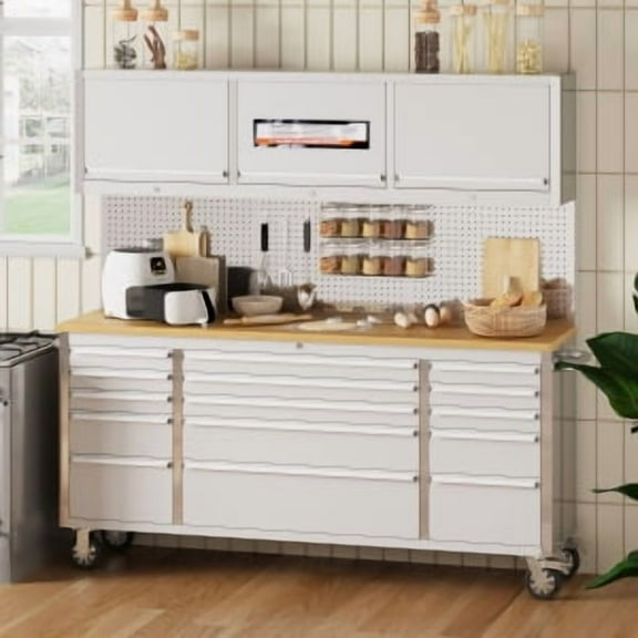 72 Inch Tool Chest, 15 Drawers, Lockable Mobile Storage Cabinet,Solid Rubberwood Top, Storage Cabinet with Wheel Constructed From Stainless Steel for Strength and Stability, Spacious Design Ideal for